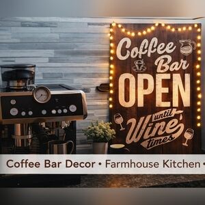 Coffee Bar Sign LED Canvas Wall Art “Coffee Bar Open Until Wine Time” Decor -New